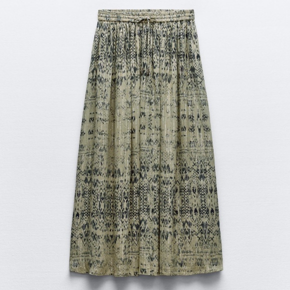 Zara khaki green and metallic fibre elastic waist long skirt NWT - Picture 2 of 10